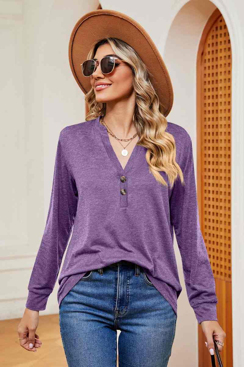 CWTBLL2834_V-NECK BUTTON-UP LONG-SLEEVED BAGGY TOP
