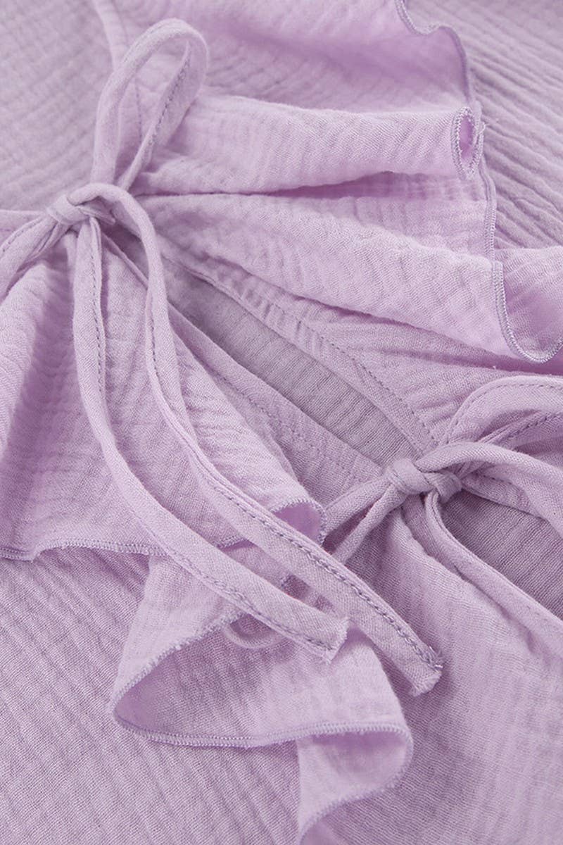 CWSPJ0284_RUFFLED COTTON LONG SLEEVE SHORTS PAJAMA SET