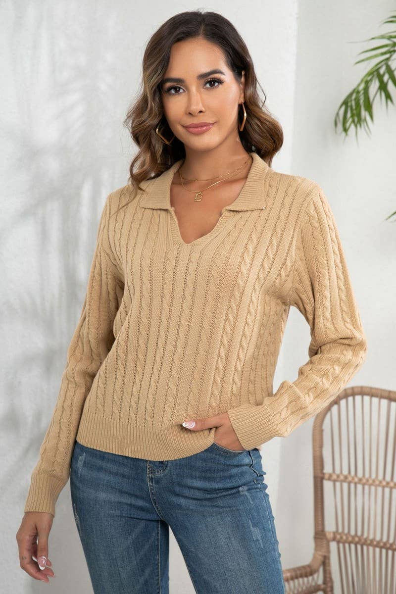 CWOSWL3873_SOLID COLOR LAPEL CABLE KNIT PULLOVER SWEATER