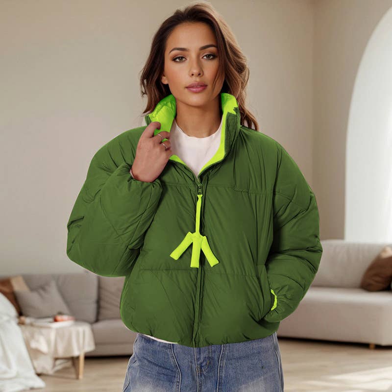 CONTRASTING COLOR ZIPPER STAND-UP COLLAR JACKET