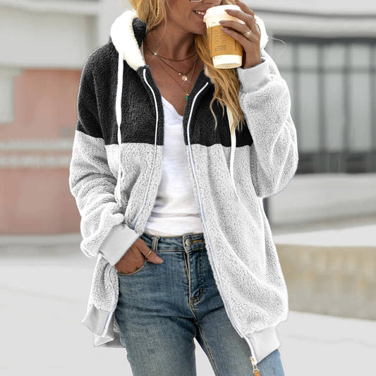 Fleece patchwork zipper pocket hooded loose jacket
