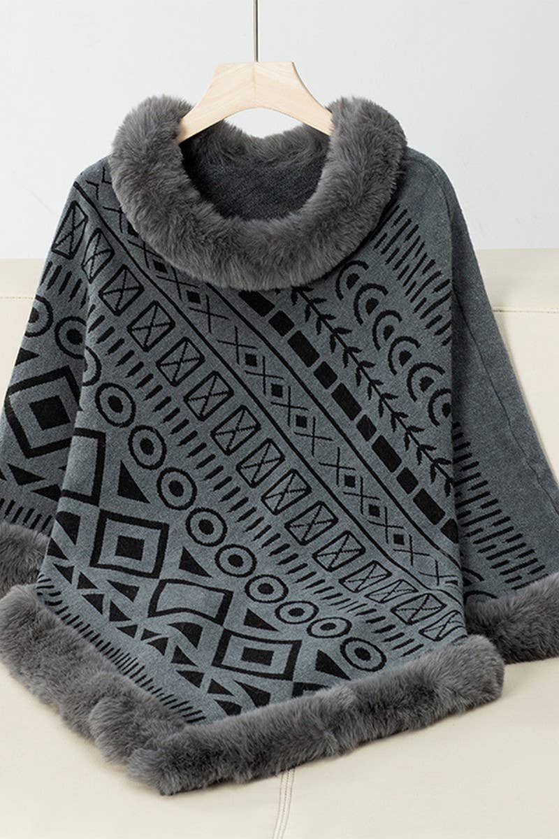 CWOSWS0094_FUR COLLAR GEOMETRIC PATTERN SWEATER SHAWL