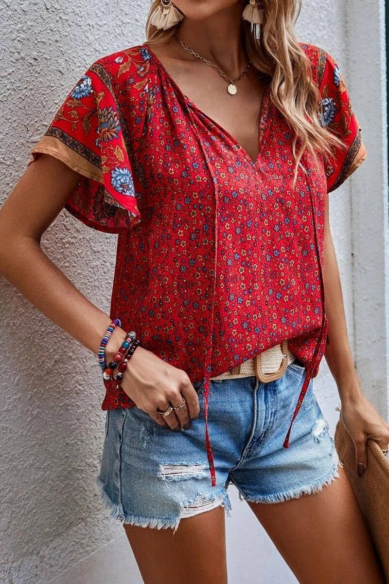 CWTSTS0660_SUMMER V-NECK SMALL FLORAL CASUAL LOOSE SHIRT