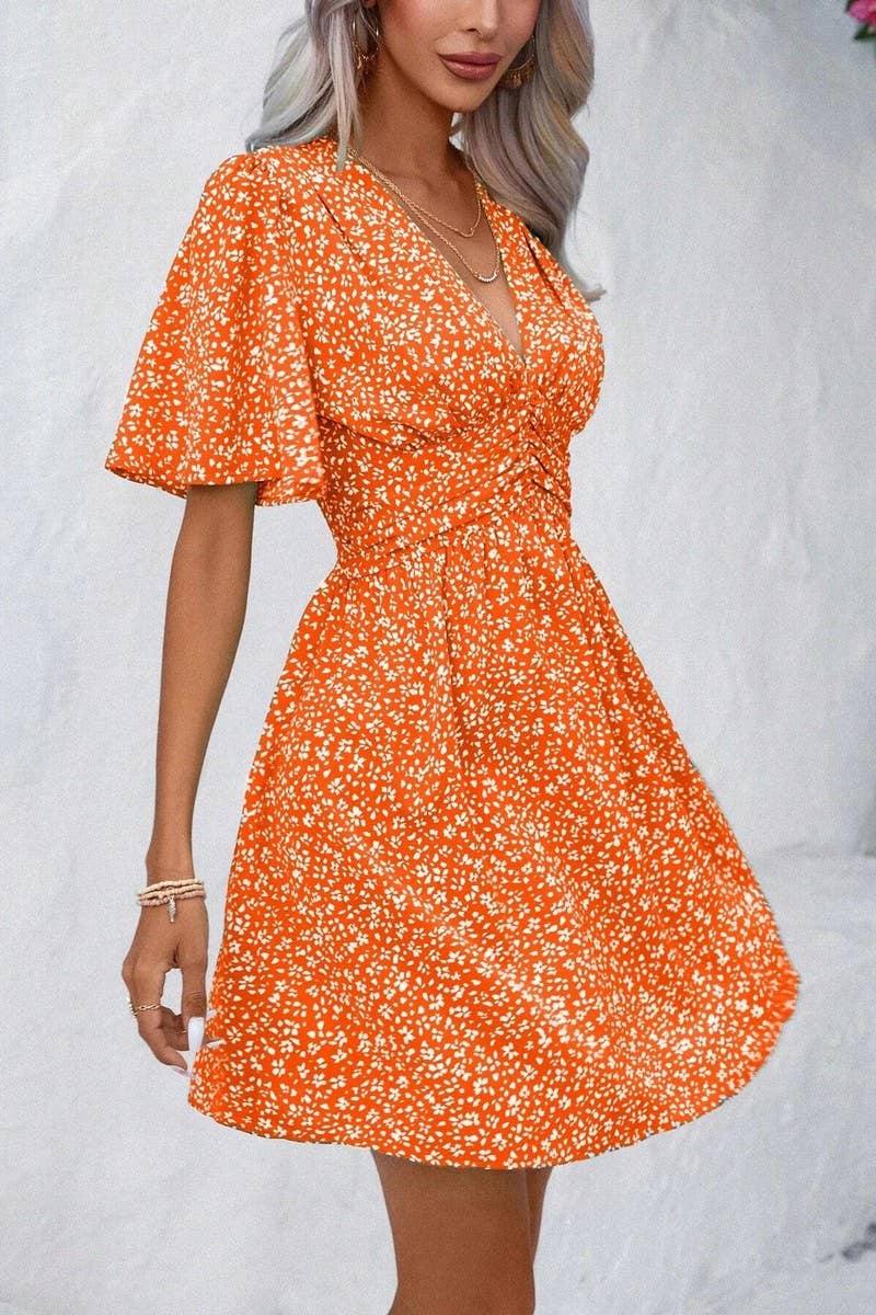 CWDSD7524_SUMMER V-NECK HIGH WAIST FLORAL PLEATED DRESS