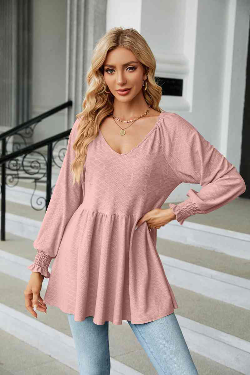 CWTBLL2836_V-NECK LONG SLEEVE PATCHWORK DRESS TOP