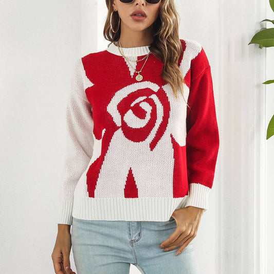 Floral jacquard long-sleeved sweater