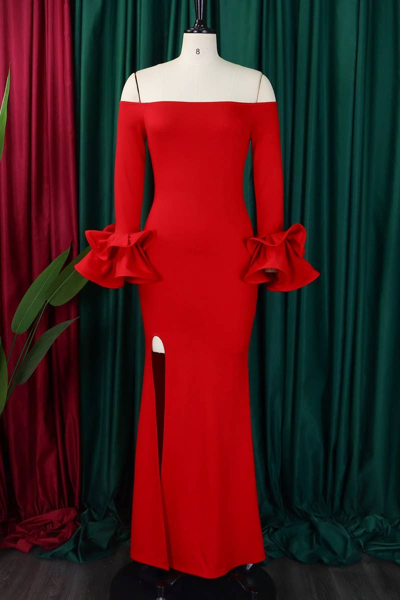 CWDMD1729_ONE SHOULDER SLIT RUFFLE SLEEVE EVENING MAXI DRESS