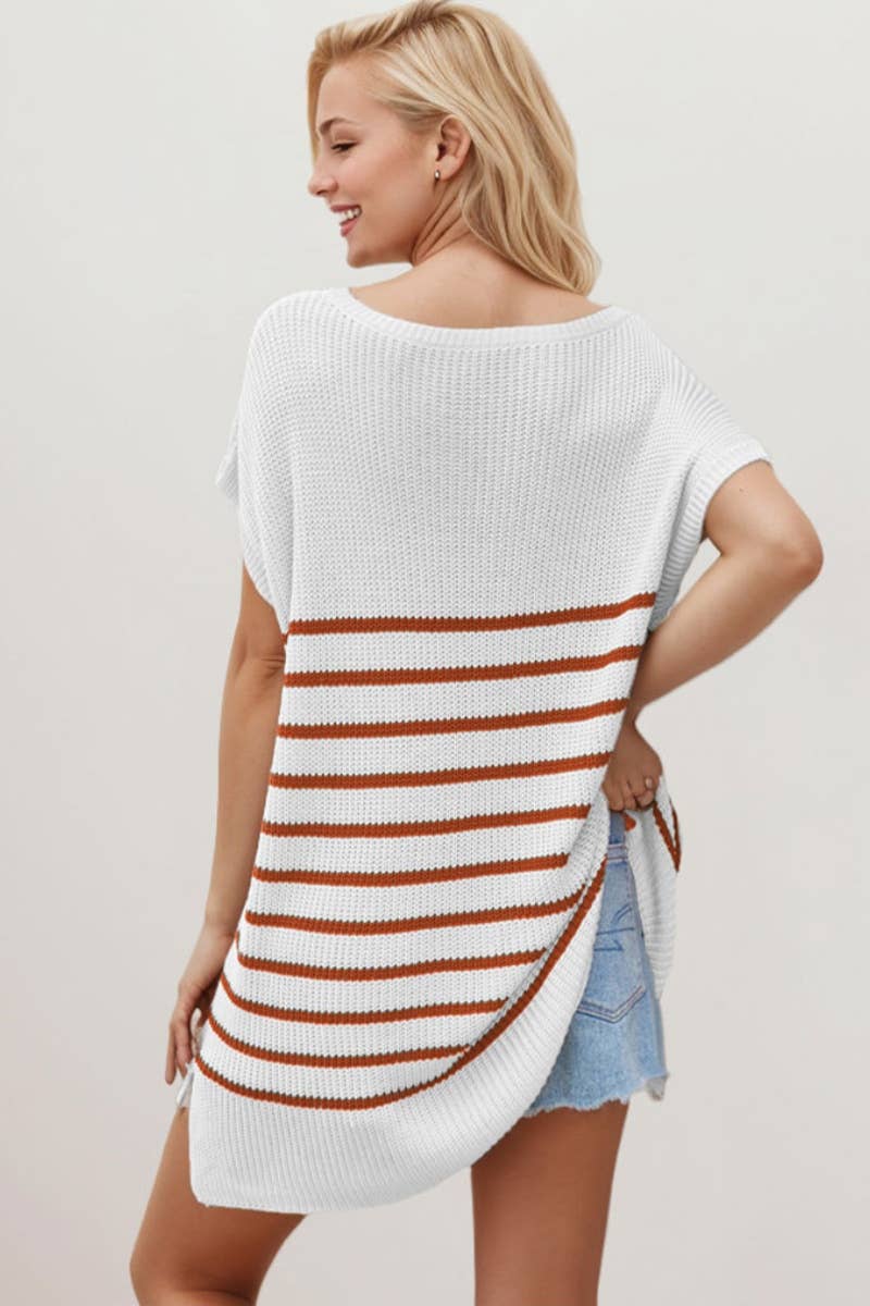 CWDSD3925_V-NECK STRIPED SHORT-SLEEVED KNITTED SHORT DRESS