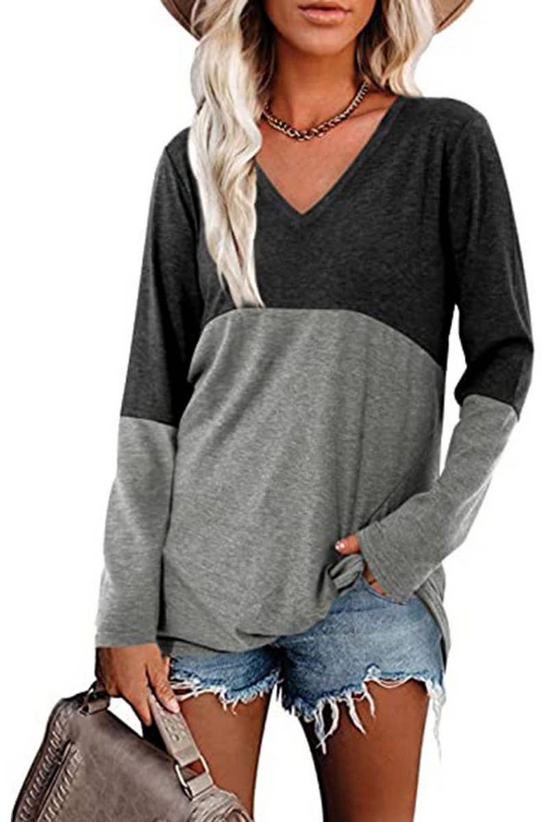 CWTBLL3689_CONTRAST COLOR V-NECK LONG-SLEEVED LOOSE TOP