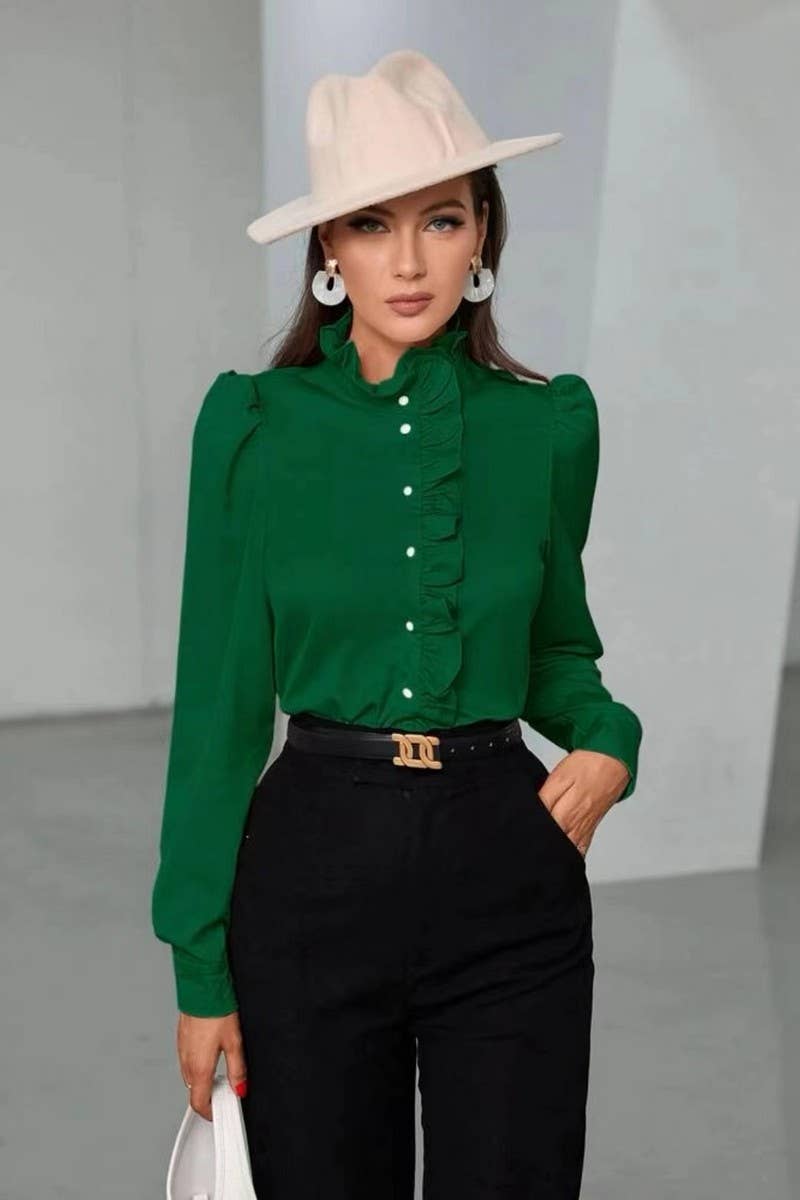 CWTBLS2041_SOLID COLOR RUFFLED LONG SLEEVE BLOUSE