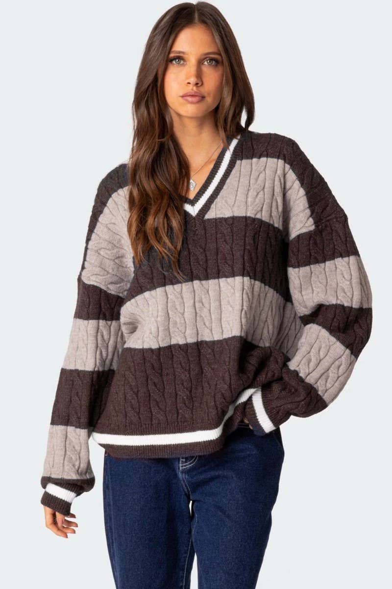 CWOSWL6749_V-NECK STRIPED CONTRAST LOOSE KNIT SWEATER