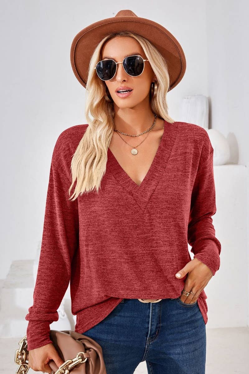 CWTBLL2685_AUTUMN V-NECK LONG SLEEVE SOLID COLOR TOP