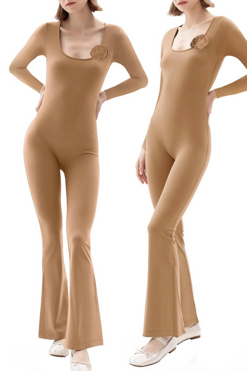 CWSJS1383_SQUARE NECK WIDE LEG HIGH ELASTIC JUMPSUIT