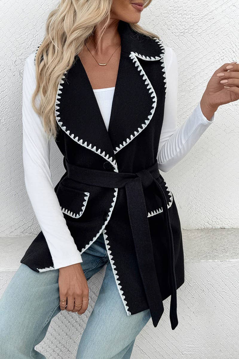 CWOV00105_TIE FRONT LAPEL CONTRAST TRIM VEST JACKET