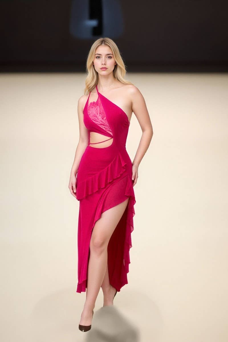 CWDMD01079_FRENCH STYLE RUFFLE ASYMMETRICAL SLIT DRESS