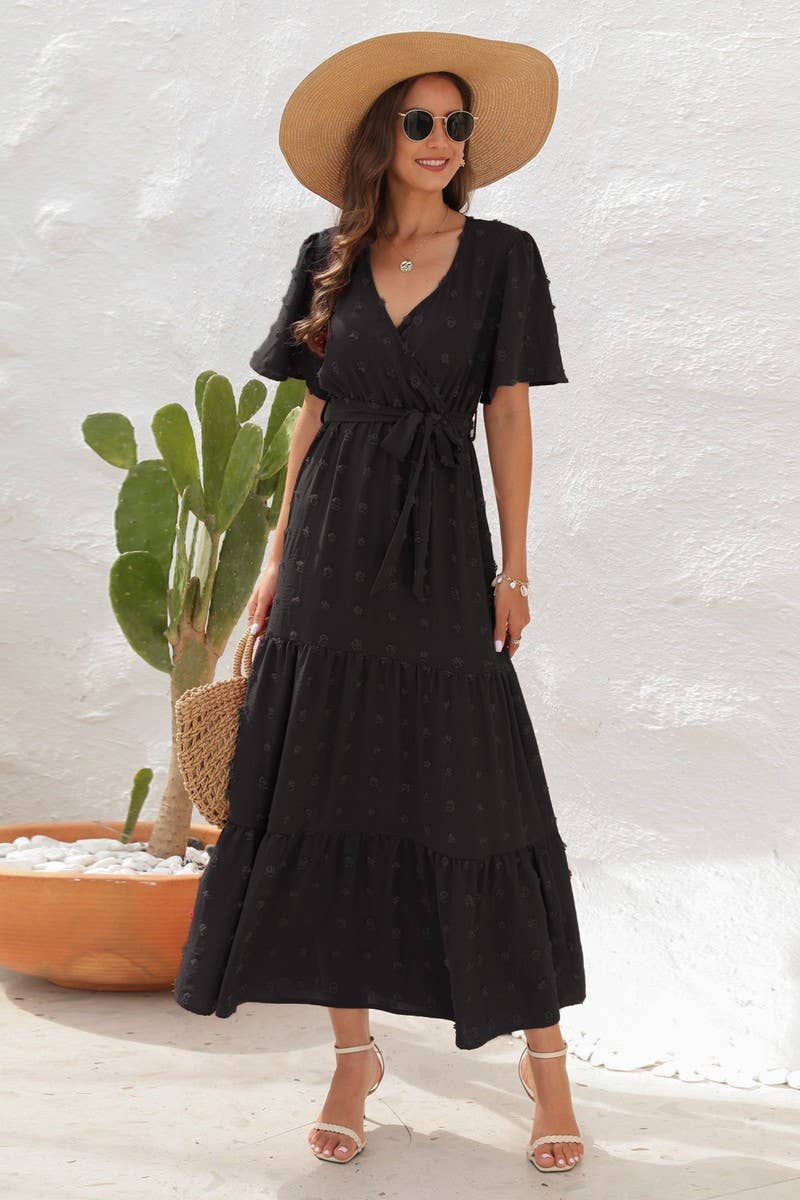 CWDMD2150_V NECK HIGH WAISTED SHORT SLEEVED LONG DRESS