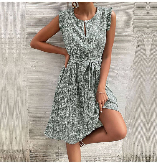 CASUAL LACE-UP GREEN FLORAL PLEATED DRESS