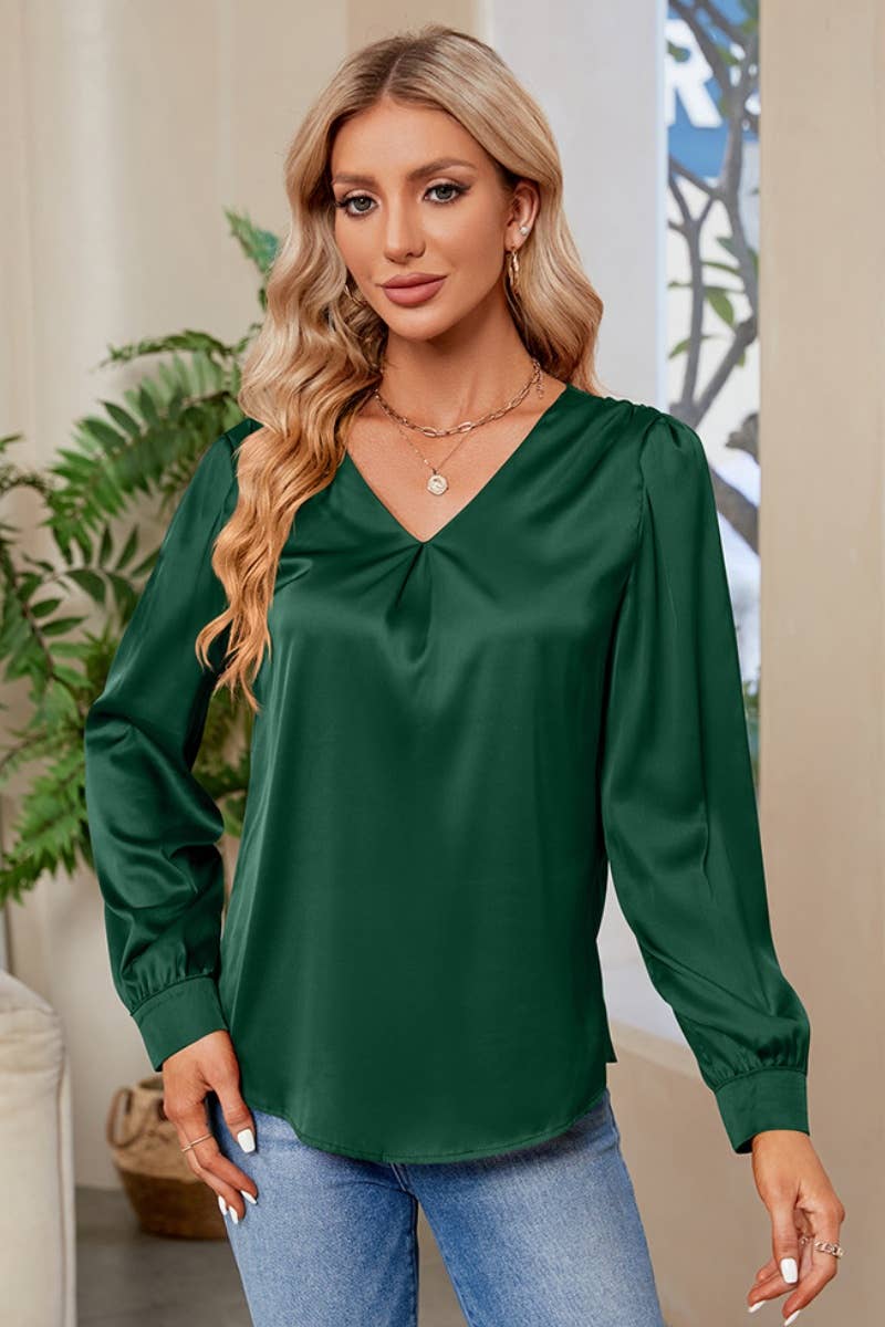 CWTBLL2445_SATIN V-NECK PLEATED LONG-SLEEVED SHIRT TOP