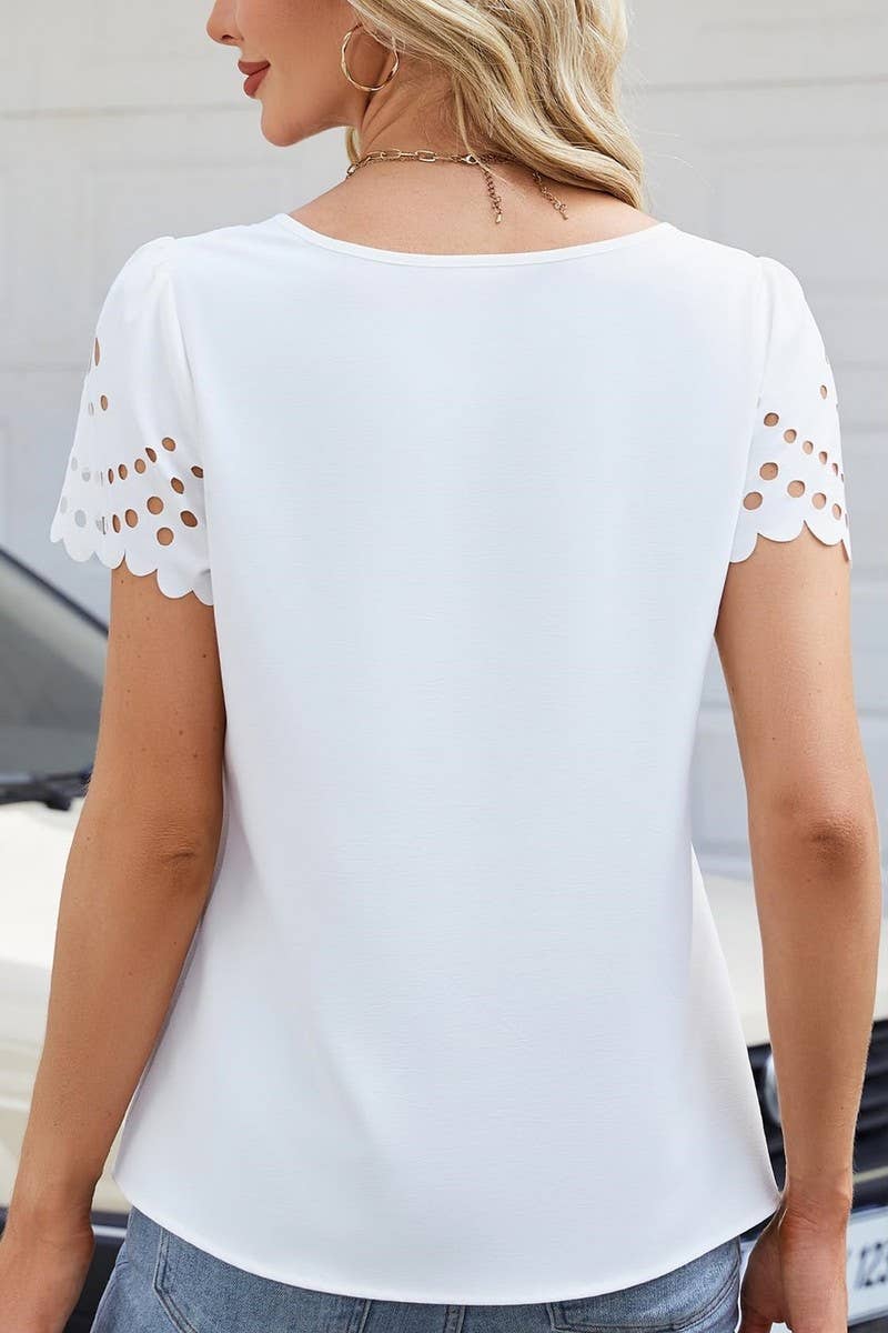CWTBLS2272_V-NECK LACE TRIM EYELET SHORT SLEEVE CHIFFON TOP