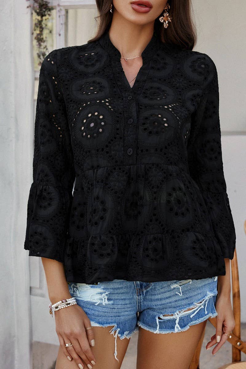 CWTBLL3593_CASUAL HOLLOW V-NECK THREE-QUARTER SLEEVE SHIRT