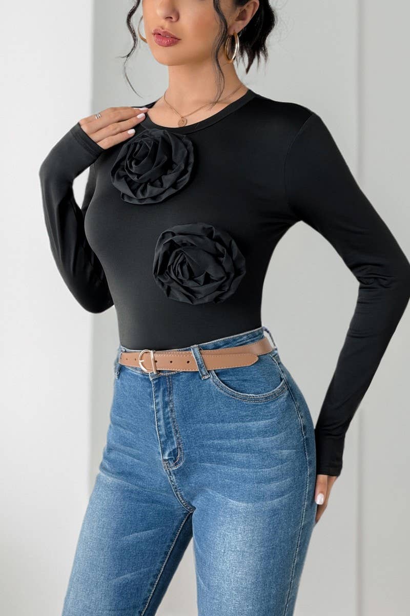 CWSBSL0128_LONG SLEEVE 3D FLORAL ROUND NECK BODYSUIT