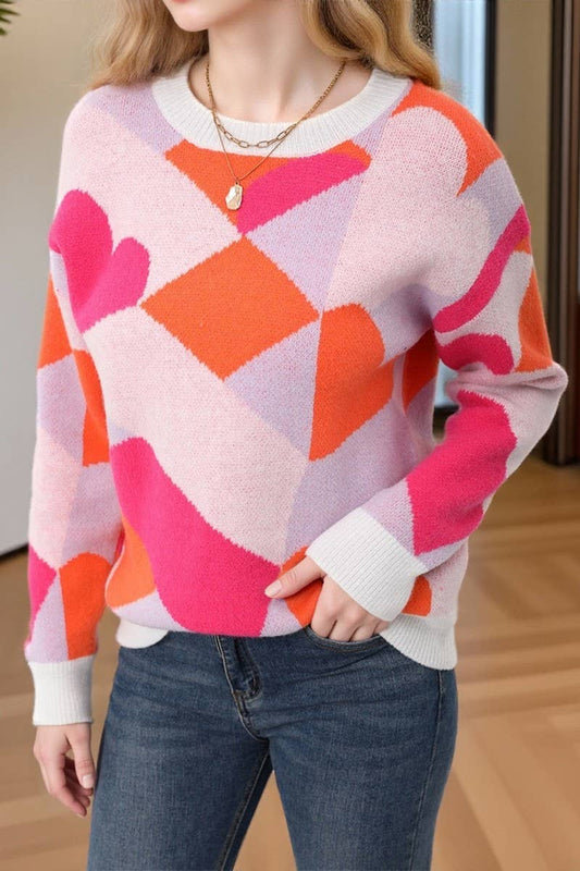 CWOSWL07576_CREW NECK CHECKERBOARD VALENTINE'S DAY SWEATER