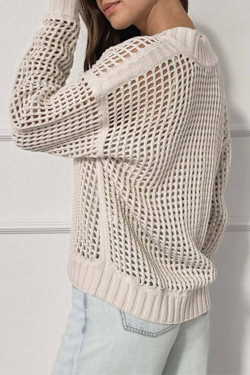 CWOSWL6869_TRENDY ZIP HALF COLLAR HOLLOW OUT KNIT SWEATER