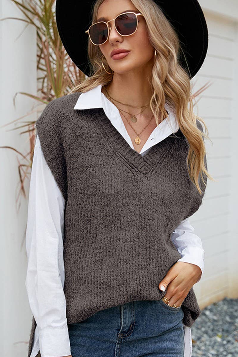 CWOSWSL0105_CASUAL MID-LENGTH SLEEVELESS V-NECK KNITTED TOP