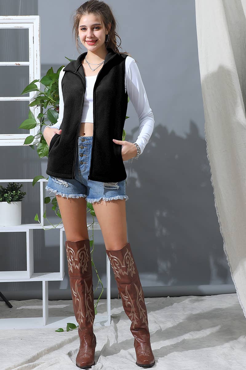 CWOV095-P_ZIP UP CASUAL FLEECE VEST JACKET WITH POCKTS