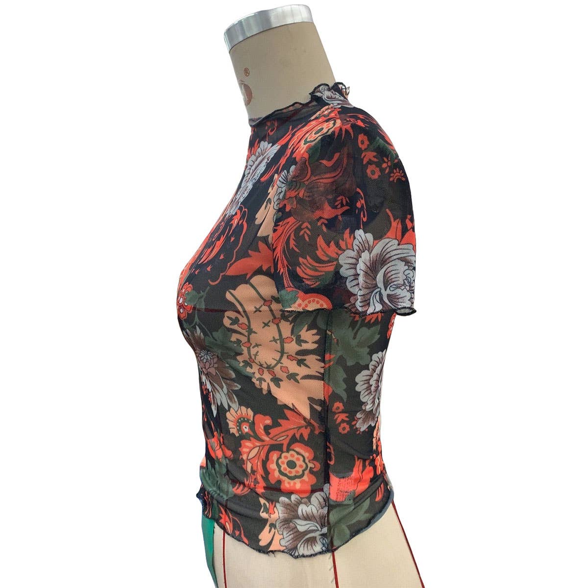 SEMI SHEER MESH  FLORAL PRINT SHORT SLEEVED TOP