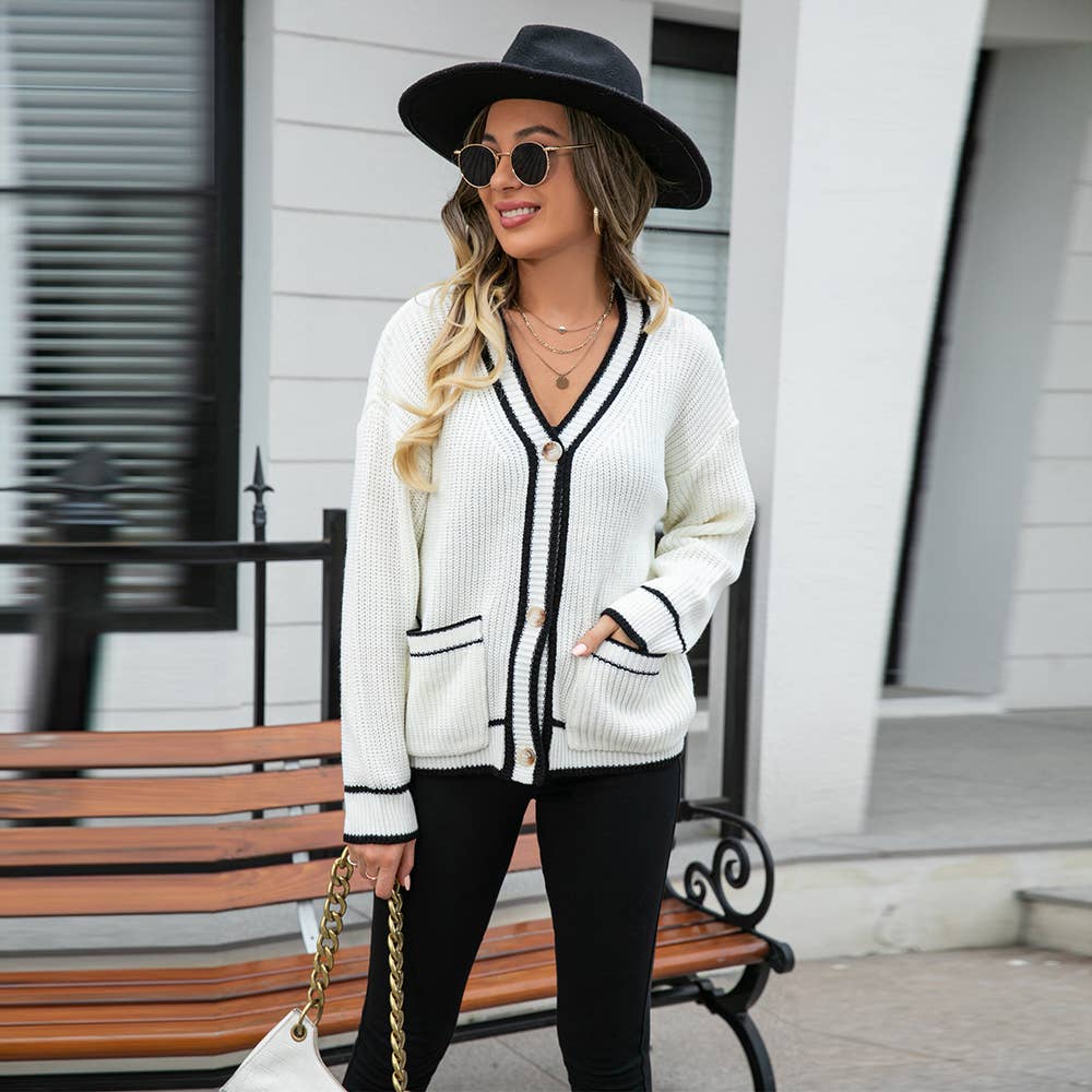 COLOR MATCHING POCKET COAT V-NECK SWEATER LADY