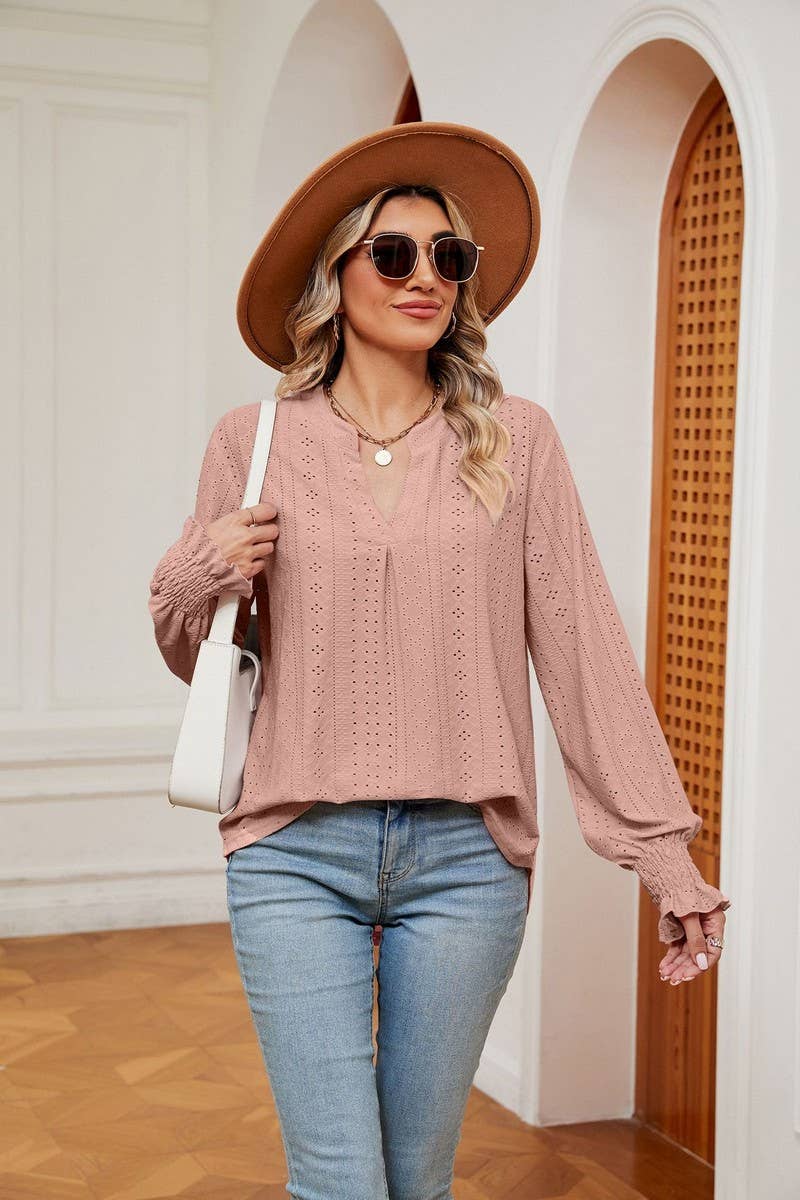 CWTBLL2377_SOLID COLOR V-NECK LOOSE LONG-SLEEVED PULLOVER