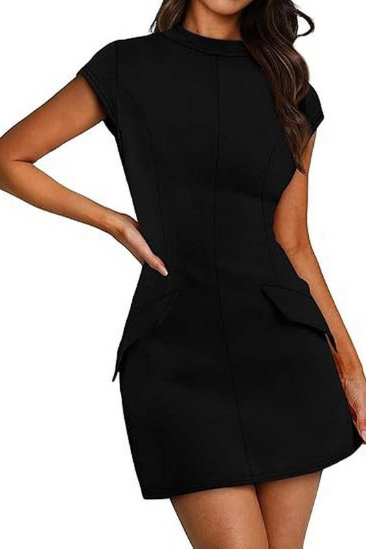 CWDSD8810_ROUND NECK BODYCON PARTY CLUB SHORT SLEEVE DRESS