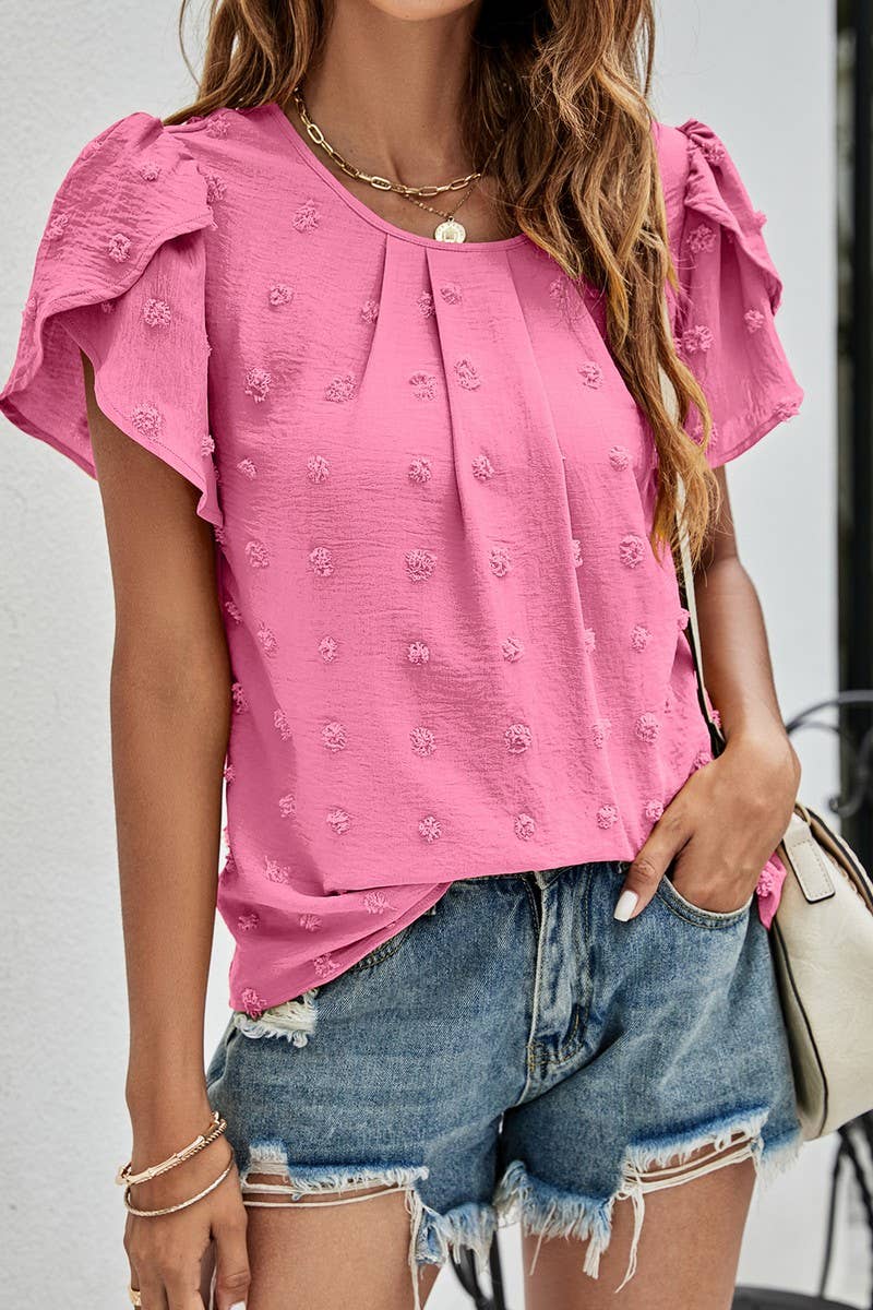 CWTBLS0342_Round neck Short Puff Sleeve Blouse