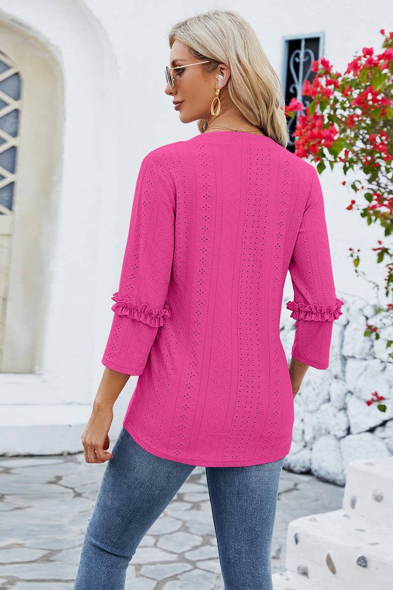 CWTTS0763_3/4 Sleeve Ruffle Detailed V-Neck  Blouse