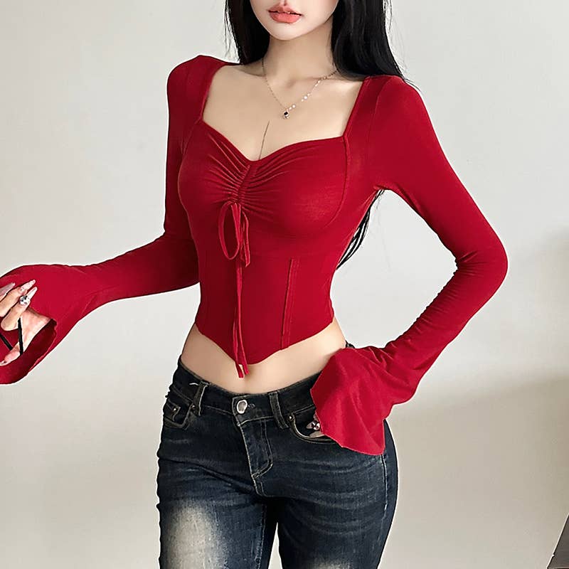 CROP SLEEVES DRAWSTRING PLEATS SOLID COLOR BLOUSE