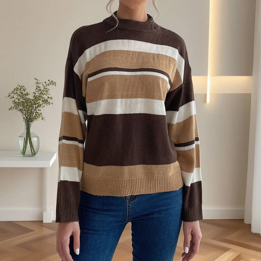 Color-blocking striped semi-high-neck sweater
