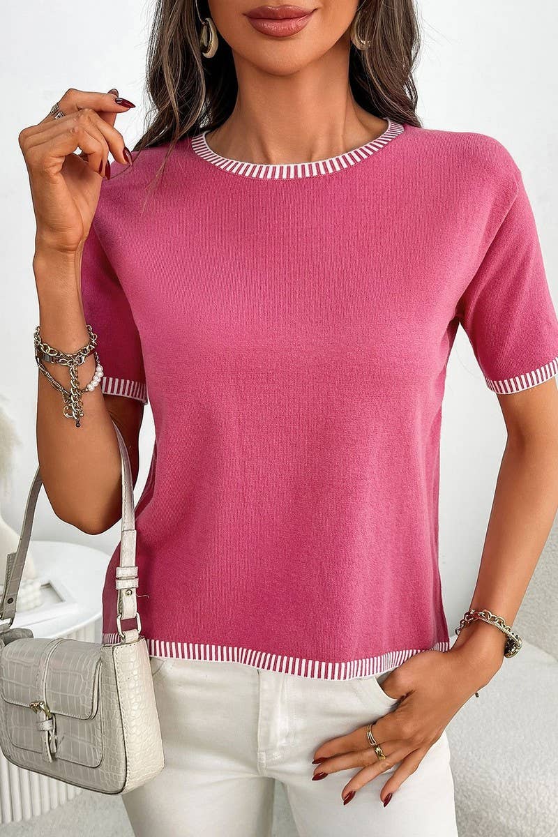 CWOSWS0143_STRIPED SHORT SLEEVE CREW NECK KNIT SWEATER