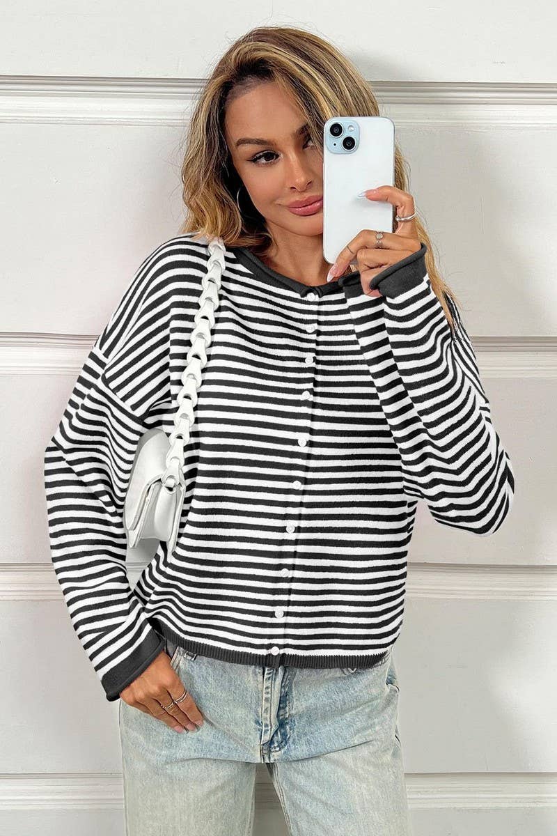 CWOCAL00609_STRIPED COLORBLOCK LONG SLEEVE CARDIGAN SWEATER