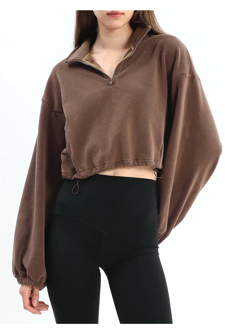 Adjustable hem semi-zipper fleece hoodie