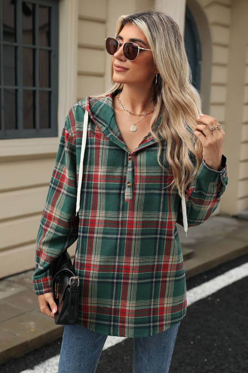 CWTBLL2873_LOOSE-CHECKED HOODED LONG-SLEEVED HOODIE