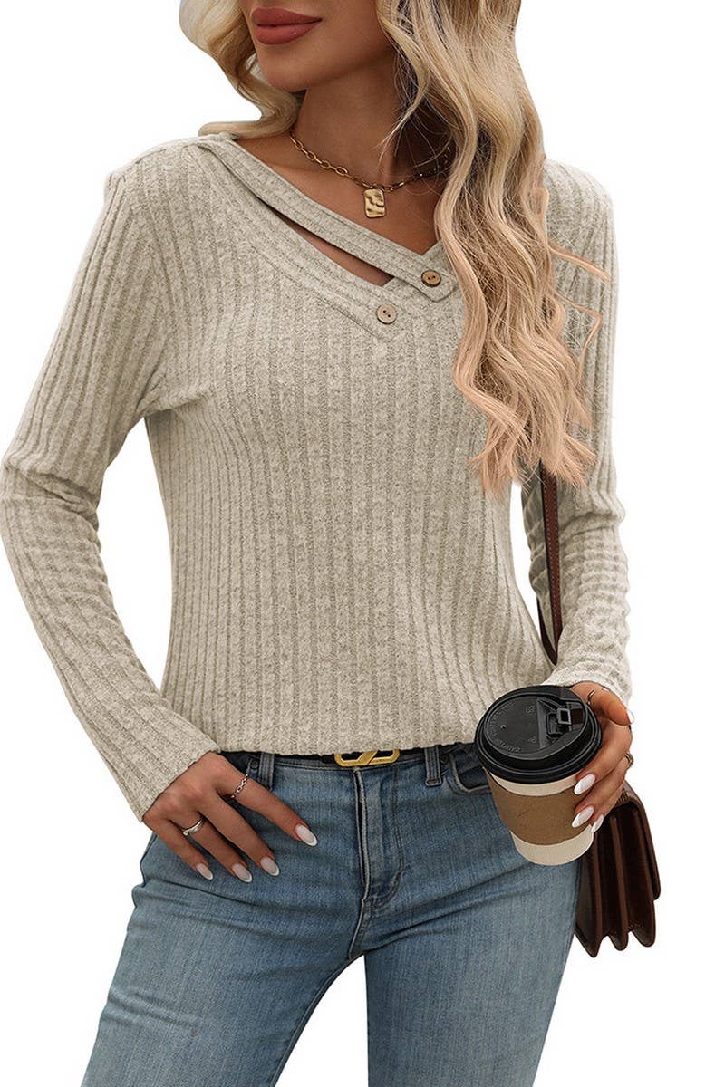 CWTBLL1487_RELAXED V NECK RIBBED BUTTON TOP