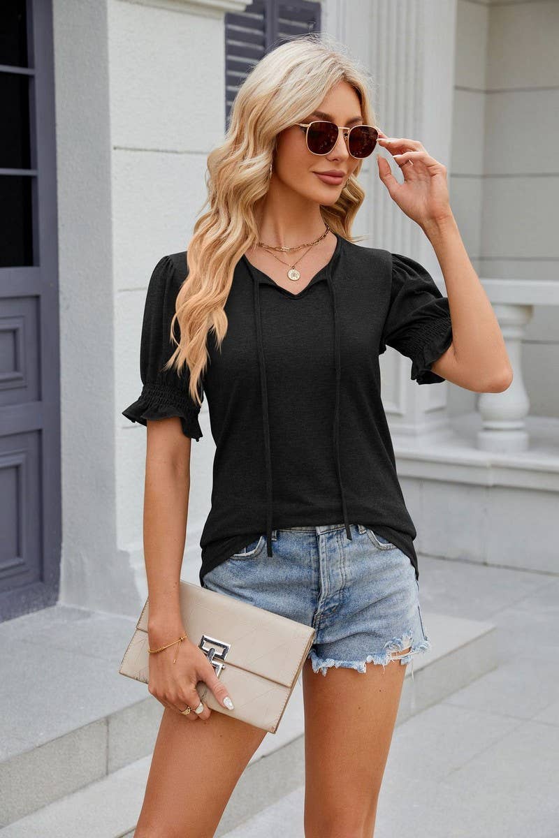 CWTTS0845_V-Neck Ruffle Short Sleeve Blouse