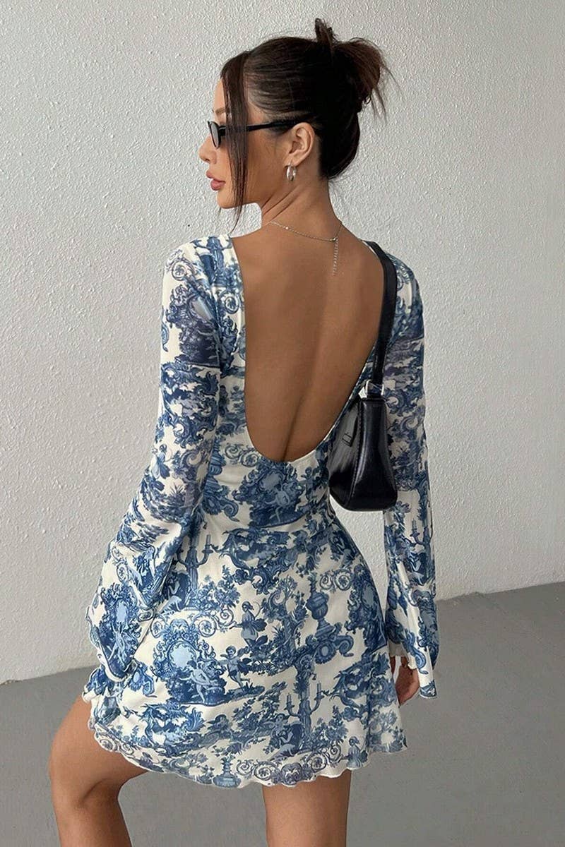 CWDSD8266_PRINTED BELL SLEEVE OPEN BACK MESH DRESS