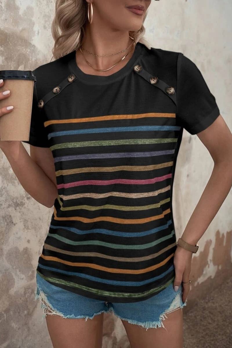 CWTBLS1145_SUMMER STRIPED PRINT BUTTON-UP SHORT SLEEVE TOP