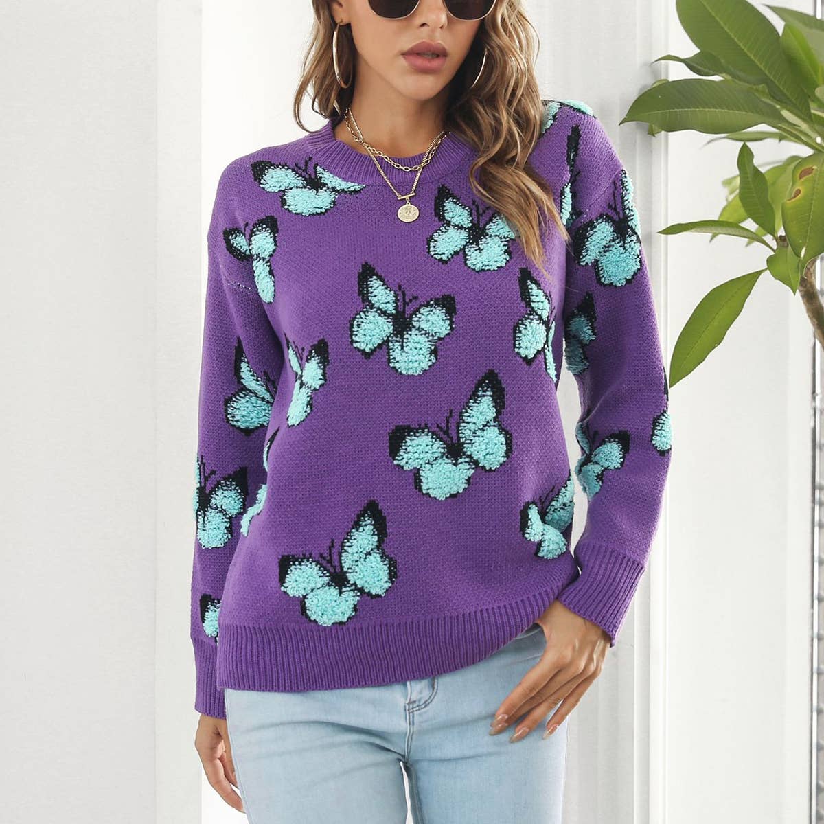 BUTTERFLY SWEATER WITH LOOSE CREW NECK PULLOVER