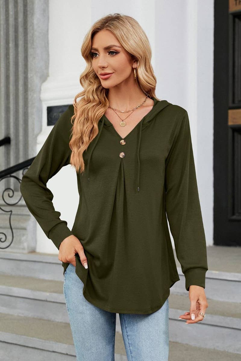 CWTBLL2682_SOLID COLOR DRAWSTRING LONG-SLEEVED HOODED TOP