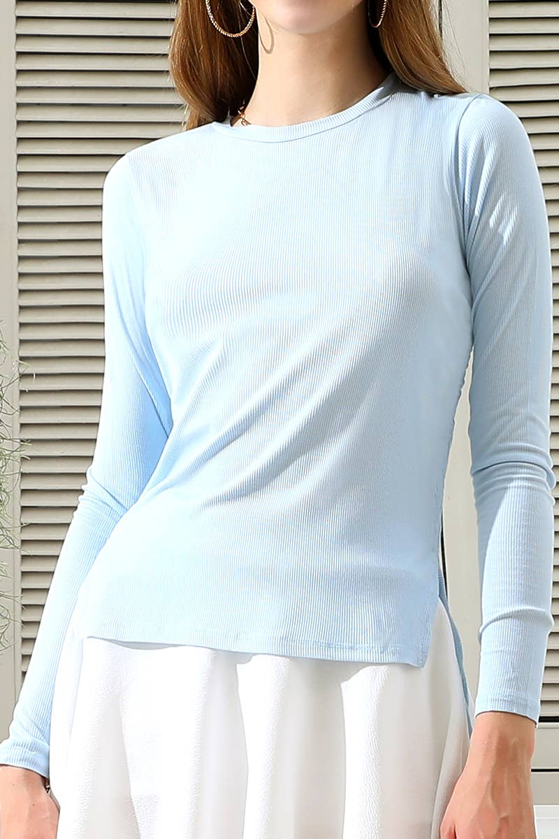 CWTTL1104_LONG SLEEVE CREW NECK LACE-UP STRING SHIRRING TOP