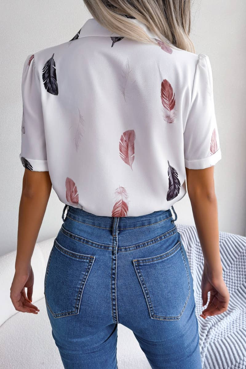 CWTDSS0051_SUIT COLLAR FEATHER LOOSE SHORT-SLEEVED SHIRT