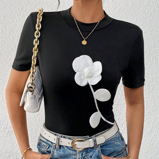 A color-blocking 3D floral embroidery slim shirt